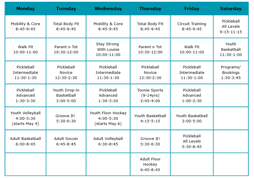 Drop in schedule for sports